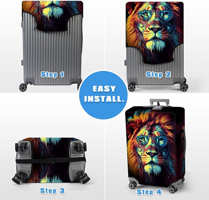 Luggage Cover Protector for 26-28 Inch Suitcases, TSA Approved Elastic Travel Suitcase Covers, Anti-Scratch Washable Luggage Sleeve for Carry On & Checked Bags, Lion With Glasses