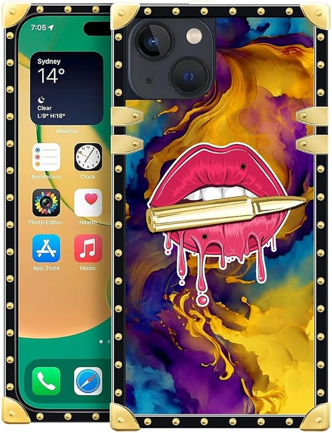 Compatible with iPhone 14 Case, Cool Corlorful Lip Marble Luxury Golden Decoration for Girl Women Soft TPU Shockproof Protective Hard PC Back for iPhone 14