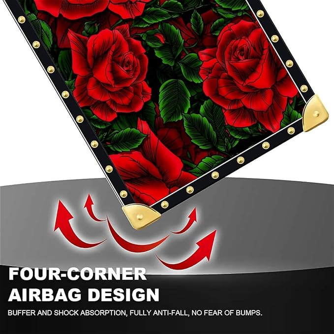 Compatible with iPhone 16 Case, Vector Red Rose Green Leaf Luxury Golden Decoration for Girl Women Soft TPU Shockproof Protective Hard PC Back