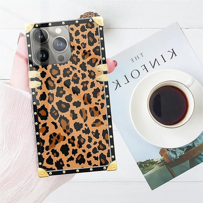 Compatible with iPhone 15 Pro Max Case, Brown Leopard Texture Luxury Golden Decoration for Girl Women Soft TPU Shockproof Protective Hard PC Back for iPhone 15 Pro Max