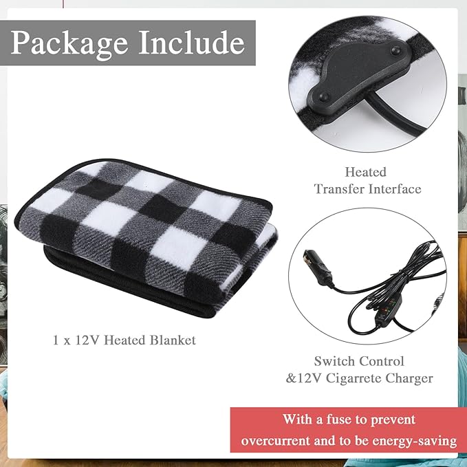 Tuanse 16 x 16 Inches Car Electric Blanket 12 Volt Heated Car Blanket with Temperature Controller and Black Storage Bag Cold Weather Tailgating and Emergency Kit (Black White,Plaid)