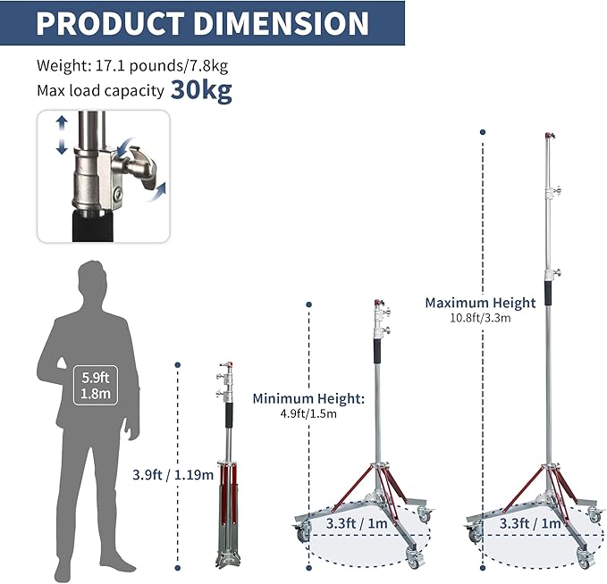 Kate Heavy Duty 10.8ft Light Stand with Casters, Adjustable Reinforced Stainless Steel Light Stand Tripod with 3 Wheels for Professional Studio Photography for Softbox, Monolight, Reflector