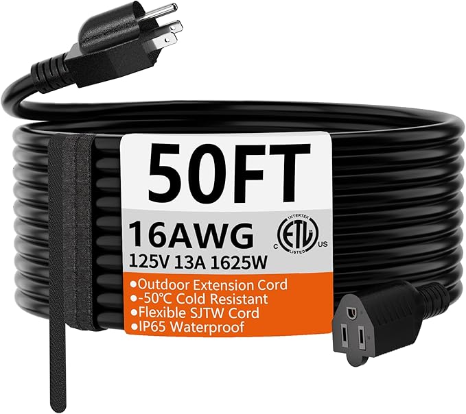 HUANCHAIN 50 FT 16 Gauge Black Indoor Outdoor Extension Cord Waterproof, Flexible Cold Weather 3 Prong Electric Cord Outside, 13A 1625W 125V 16AWG SJTW, ETL Listed