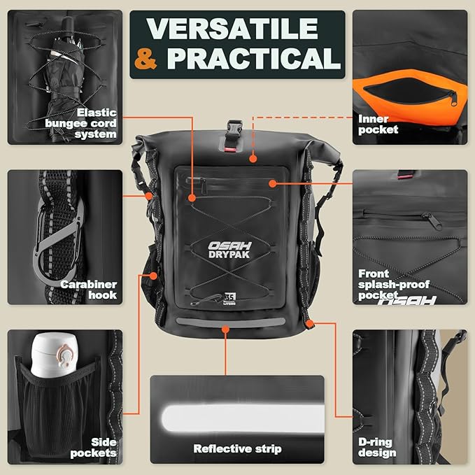 OSAH DRYPAK Waterproof Backpack Dry Bag 25L/35L/55L/85L – Heavy Duty Roll-Top Hiking Backpack Sack Keeps Gear Dry for Travel, Kayaking, Boating, Camping, Rafting and Fishing