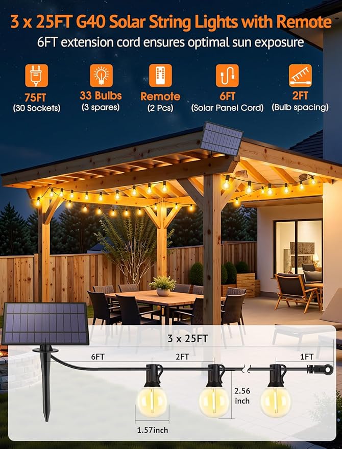 Larkvue 75FT(3x25FT) Solar String Lights Outdoor with Remote, Waterproof Dimmable 3 Modes Patio Lights with 30+3 LED G40 Bulbs for Balcony Yard-Black