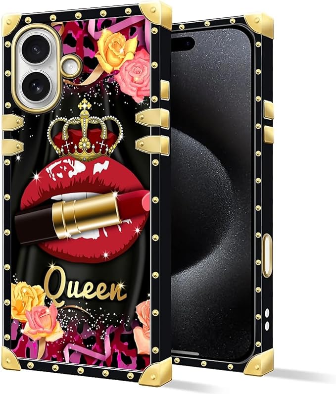 for iPhone 17 Case Luxury Golden Decoration for Girl Women Soft TPU Shockproof Protective Hard PC Back for iPhone 17 Crazy Pattern Queen Lip Crown Leopard Print