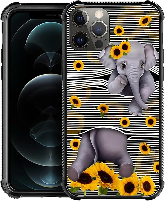 for iPhone 11 Pro Case, Cute Little Elephant Sunflower White Line Art Pattern Made of Soft Silicone Hard Acrylic Shock Protection for iPhone 11 Pro