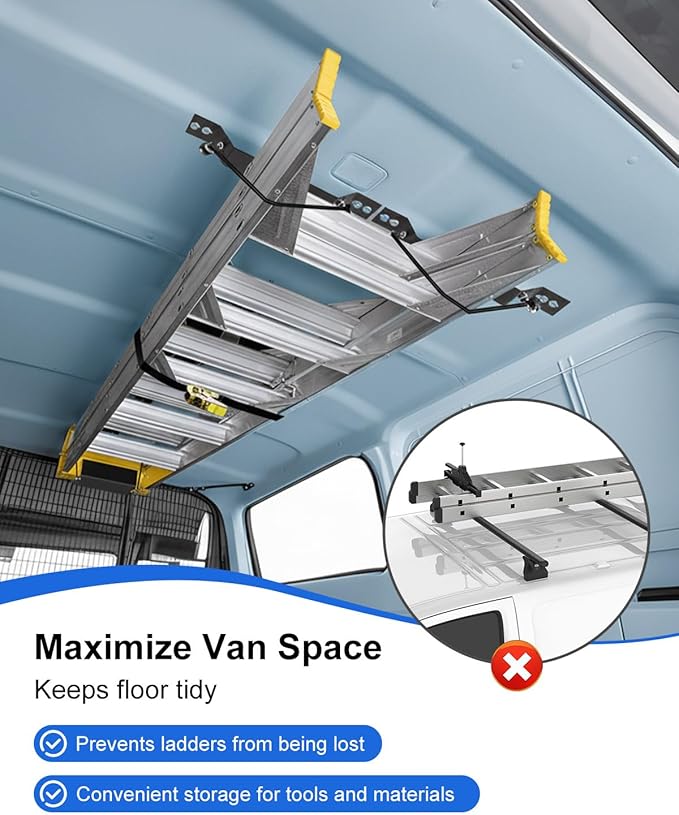 Van Interior Ladder Storage Holder, Adjustable Internal Ladder Rack Fit for Van Trailer Truck Roof, Quick Release Heavy Duty Ladder Bracket