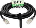 POWGRN 6 Ft 10AWG Black Outdoor Extension Cord Waterproof Heavy Duty 10 Gauge 3 Prong, Flexible Cold-Resistant Power Cord Indoor & Outside with Lighted Indicator End, 15Amp 1875W SJTW ETL Listed