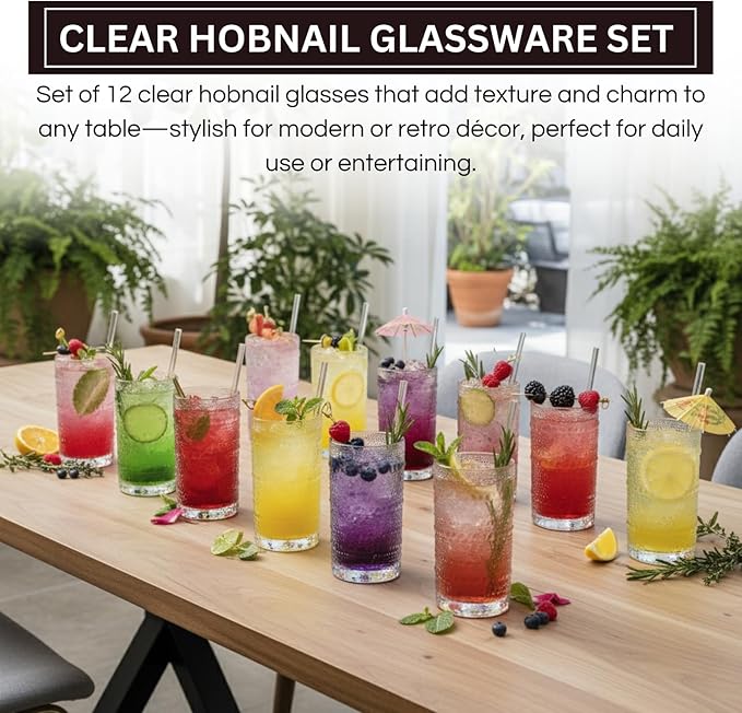 12-Piece Hobnail Drinking Glasses Set, 12 oz Large Vintage Highball Glassware with Straws, Heavy Textured Beaded Tall Tumblers for Water, Juice, Soda & Cocktails, Clear Retro Barware, Dishwasher Safe
