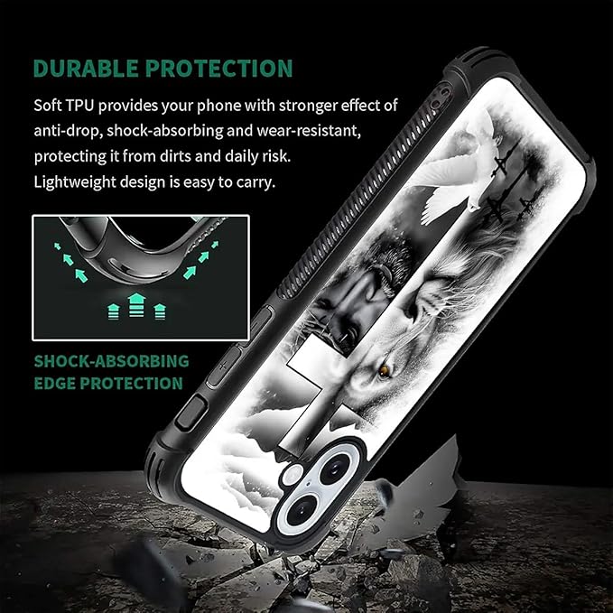 for iPhone 16 Plus Case, Lion Cross Jesus Christ Dove Pattern Graphic Design Girl Boy Soft Silicone Hard Acrylic Shock Protection for iPhone 16 Plus