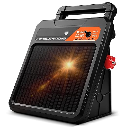 20 Mile Solar Electric Fence Charger, 0.4J Output Solar Fence Kit 10.2 KV Max Voltage, 12V/4.5Ah Battery, Portable Solar Fence Energizer for Livestock & Garden Protection, Includes Alligator Clip