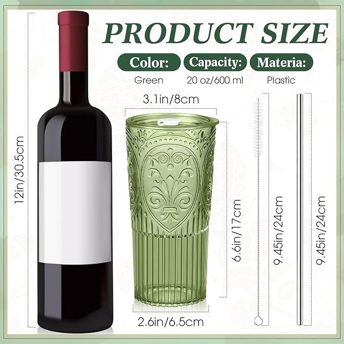 8 Set 20oz Vintage Plastic Tumbler with Lids and Straws Ribbed Floral Drinking Glasses Reusable Iced Coffee Cups for Water Juice Smoothie Cocktail Travel Party Events Gift (Green)