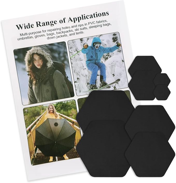 J.CARP 8PCS Nylon Repair Patches, Self Adhesive & Waterproof Patches, Nylon Repair Patches for Down Jacket, Clothing, Holes, Tents, Sleeping Bags, Umbrella, Etc(Black)