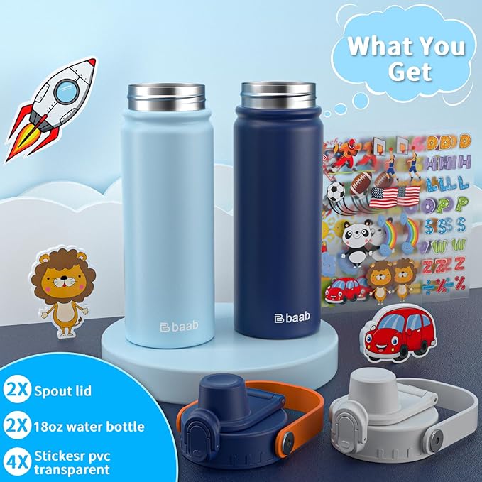 baab 18oz Kids Water Bottle, Insulated Kids Water Bottle with Lockable Spout Lid & Stickers, 18/8 Stainless Steel Vacuum Leakproof Kid Water Cup for Boy Girl & School (Navy Blue+Grey, 2 Pack)