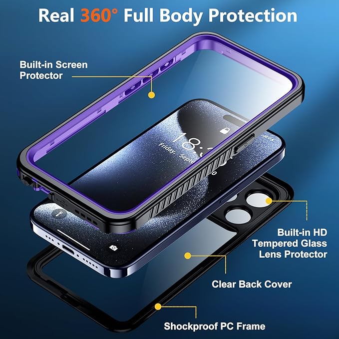 SPIDERCASE for iPhone 15 Pro Case Waterproof, Built-in Lens & Screen Protector, Full Heavy Duty Protection, 12FT Military Shockproof, Dustproof, Anti-Scratched Phone Case,Purple