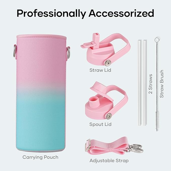 BUZIO 40 oz Insulated Water Bottle, Triple Wall Vacuum Stainless Steel Water Flask with 2 lids, Lead-Free BPA-Free Straw Lid Sports Canteen Jug, Cold 48H & Hot 24H, Bubble Gum