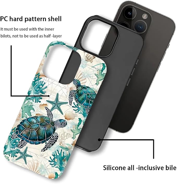 for iPhone 13 Pro Case,HH2 Ocean Sea Turtle Nautical Map Hybrid 2 Layer Hard Shell Silicone Protective Pattern Design Case
