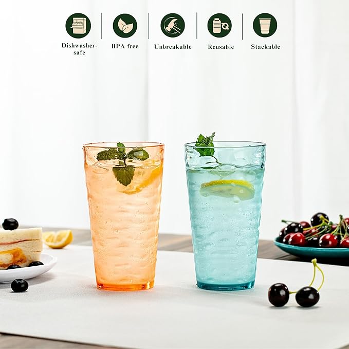 20oz Acrylic Glasses (Set of 6), Water-Ripple Design Shatter-Proof Plastic Cups, Reusable Plastic Tumblers, Stackable, BPA-Free, Dishwasher-Safe (Colorful)
