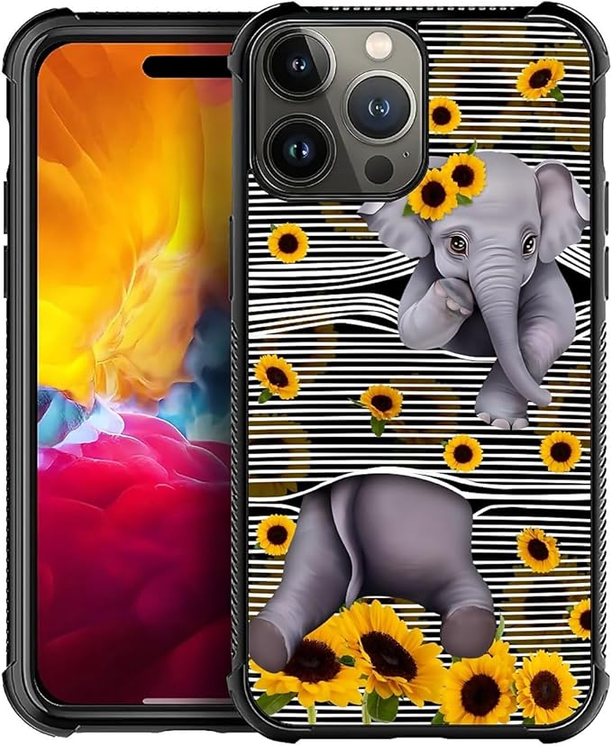 for iPhone 15 Pro Case, Cute Little Elephant Sunflower White Line Art Pattern Graphic Design Girl Boy Soft Silicone Hard Acrylic Shock Protection for iPhone 15 Pro