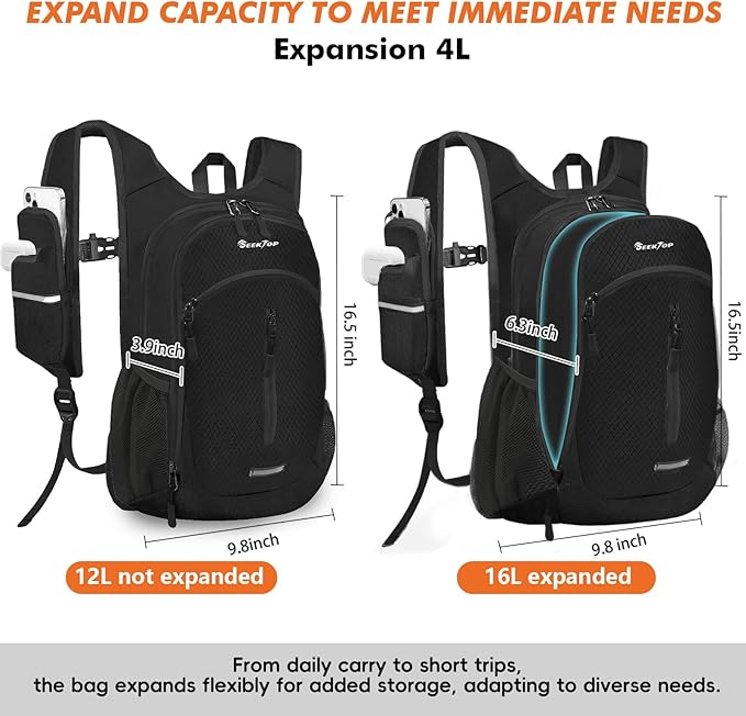 Seektop Small Hiking Backpack Expandable 12L-15L, Lightweight Packable Waterproof Daypack with Phone Pocket for Women Men