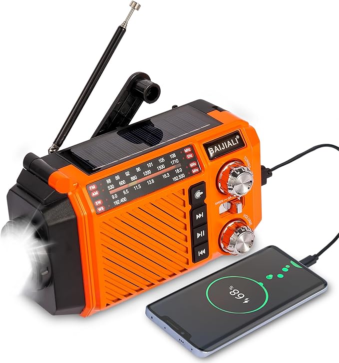 Hand Crank Emergency Weather Radio with 2600mAh/9620mWh Power Bank, NOAA AM FM Shortwave Portable Radio, Solar & USB-C Charging, Flashlight, SOS Alarm for Emergency Kits (Orange)