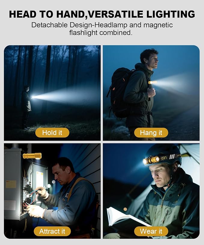 High Lumens LED Rechargeable Headlamp for Adults - Hard Hat Light Running Head Lamp with Red Light, Magnet, 180° Tilt, 7 Modes, Detachable Flashlight & Headband, Outdoor, Emergency 2PC, Gold