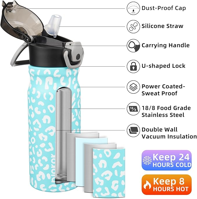 BJPKPK Insulated Water Bottle 18oz Stainless Steel Water Bottles with Straw and Carry Handle Double Wall Metal Thermal Flask,Sky Blue Leopard