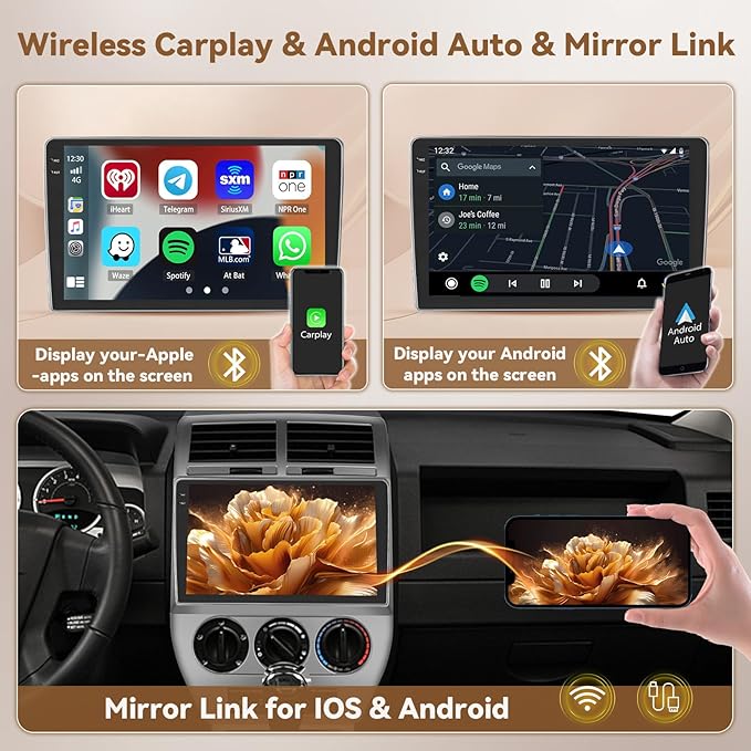 [4+128G] Android 15 Car Stereo for Jeep Compass Patriot 2006 2007 2008 2009, Hikity 10'' in-Cell Touchscreen Radio Wireless Carplay Android Auto 5G WiFi/1280 * 720P/Bluetooth/GPS SWC FM/EQ Backup Cam