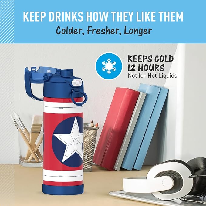 THERMOS FUNTAINER 16 Ounce Stainless Steel Vacuum Insulated Bottle with Wide Spout Lid, Captain America: Brave New World Movie