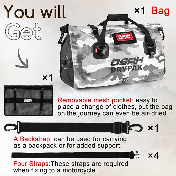 OSAH DRYPAK Waterproof Duffel Bag - Motorcycle Dry Bag Tail Bag with Large Storage Space, Waterproof Luggage Duffle Bags with Outer Mesh Zipper Pocket for Camping, Kayaking, Fishing & Traveling