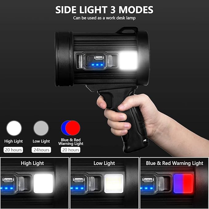 MIXILIN Rechargeable Spotlight, 2,000,000 Lumens Handheld Hunting Flashlight Led Spot Light with Cob Light and Solar Panels, Lightweight and Super Bright Spotlight for Hunting Boating Camping
