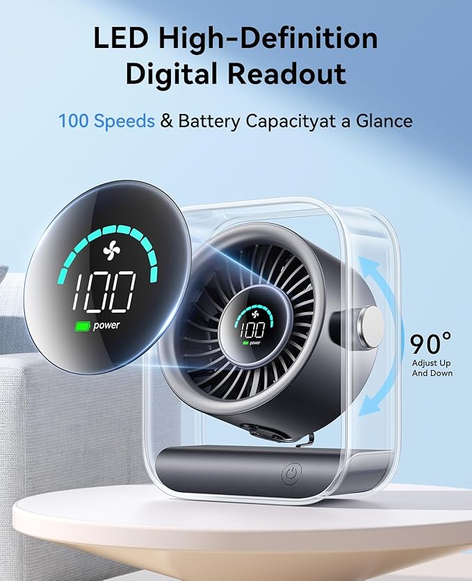 DIGIX Portable Desk Fan for Bedroom, Rechargeable Small Table Fan with 100 Speeds, 90° Rotation, Turbo Airflow, LED Display, Quiet Personal USB Cooling Fan for Office Home Travel Camping, Black