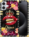 Compatible with iPhone 16 Case, Queen Lip Crown Leopard Print Luxury Golden Decoration for Girl Women Soft TPU Shockproof Protective Hard PC Back for iPhone 16