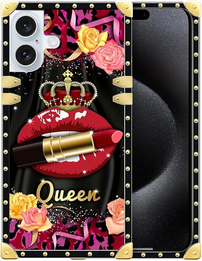 Compatible with iPhone 16 Case, Queen Lip Crown Leopard Print Luxury Golden Decoration for Girl Women Soft TPU Shockproof Protective Hard PC Back for iPhone 16