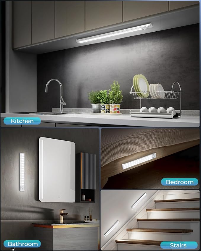 Under Cabinet Lighting - 10.5" Motion Sensor Light Indoor, Magnetic Wireless Closet Lights, Dimmable Led Night Light, Rechargeable Under Counter Lights for Kitchen, Bedroom, Stair, 2 Pack