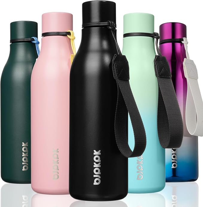 BJPKPK Insulated Water Bottles, 18 oz Stainless Steel Metal Water Bottle with Strap, BPA Free Leak Proof Jugs, Mugs, Flasks, Reusable Thermal Flasks for Sports & Travel, Black