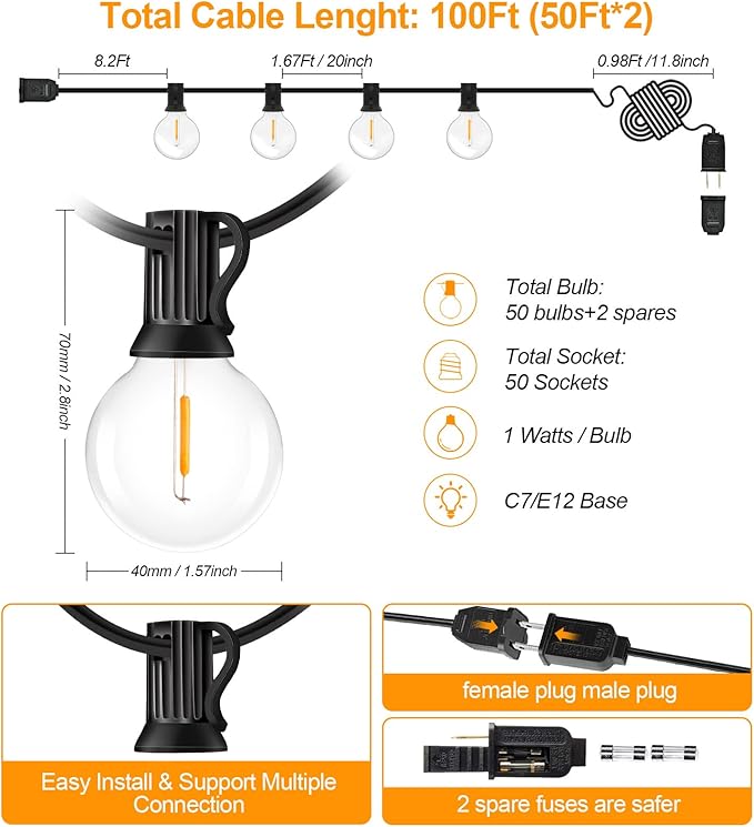Outdoor String Lights - 100FT 2Pack G40 Globe Patio With 52 Dimmable Waterproof and Shatterproof LED Bulbs for Tavern, Backyard, Deck, Garden, Party Decorations Commercial Hanging (G40 Bulb)