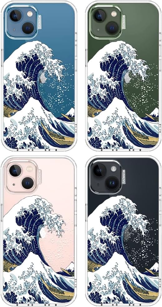 MOSNOVO for iPhone 13/14 Case | Military Grade 6.6ft Drop Tested | Clear with Great Wave Design