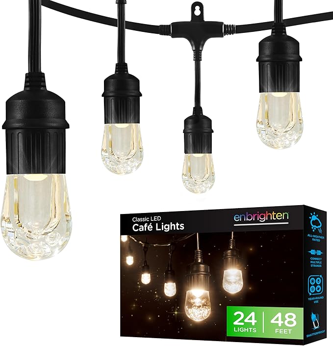 Enbrighten Classic Warm White String Lights, 48ft Black Cord, 24 Shatterproof Acrylic Bulbs, Weatherproof, Outdoor String Lights, 31664