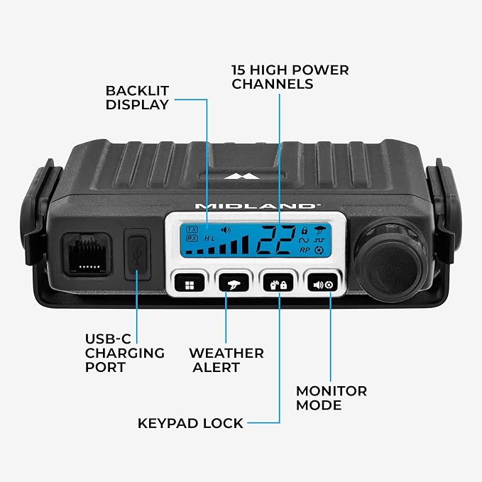 Midland – MXT115 - 15 Watt GMRS MicroMobile Two Way Trails Radio - Off Roading Outdoor RZR Farm - 8 Repeater Channels Extended Range - External Magnetic Mount Antenna - NOAA Weather Alerts