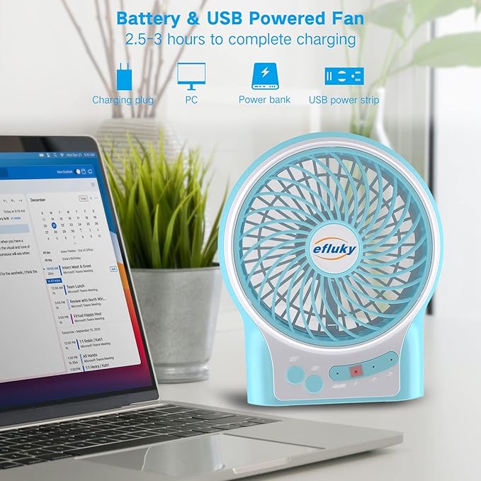 efluky 3-Speed Mini Desk Fan with LED Light, Portable USB Fan Quiet for Home, Office, Travel, Camping, Outdoor, Indoor, 4.9-Inch,Blue