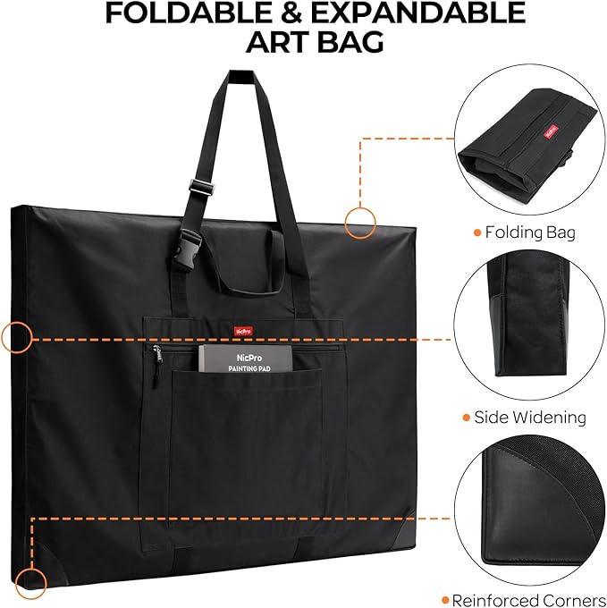 Nicpro Large Size Art Portfolio Case, Artist Portfolio Tote Bag with Leather Corners & Side Widening, Waterproof Storage Portfolio Folder with 3 Pockets for 20'' x 26'' Poster Canvas Sketching Drawing