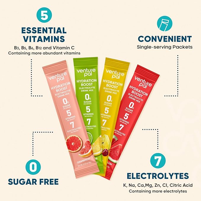 Venture Pal Sugar Free Electrolyte Powder Packets - Liquid Daily IV Hydration Packets for Rapid Rehydration | 7 Electrolytes & 5 Vitamins | Keto Friendly | Non-GMO | Vegan | Fast Dissolve | 16 Sticks