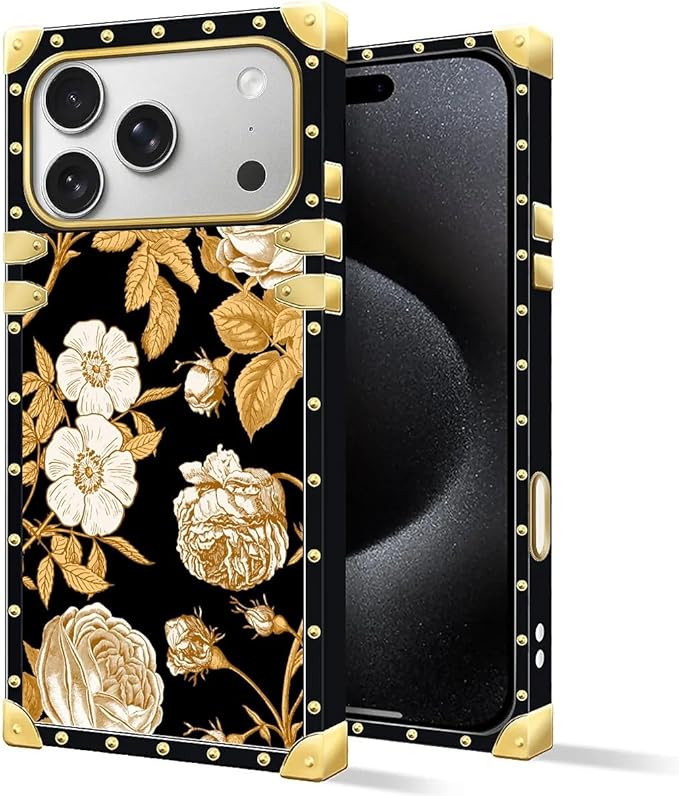 for iPhone 17 Pro Max Case Luxury Golden Decoration for Girl Women Soft TPU Shockproof Protective Hard PC Back for iPhone 17 Pro Max Crazy Pattern Blooming Rose Golden Flower
