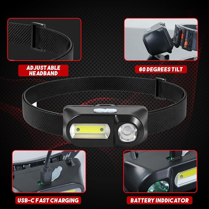 Bud K 6Pack Headlamp Rechargeable, 3000 Lumen Headlamps for Adults, 90 Angles Adjustable XPE Headlamp & COB Spotlight, Motion Sensor, 9 Modes, Lightweight Head Lamps for Camping Running Cycling