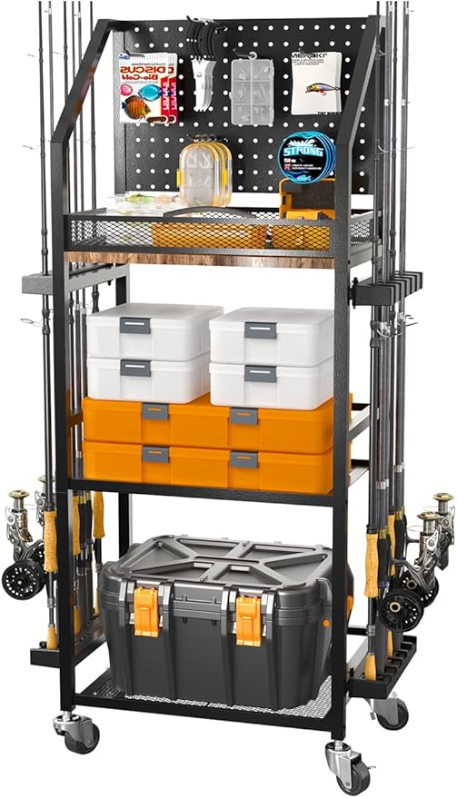 SOYEEZE Fishing Rod Holders for Garage, 3-Tier Fishing Pole Rack with Pegboard and Metal Mesh Fence, Fishing Gear Organizer with Hooks Up to 12 Rods, Rolling Fishing Storage Cart with Lockable Wheels