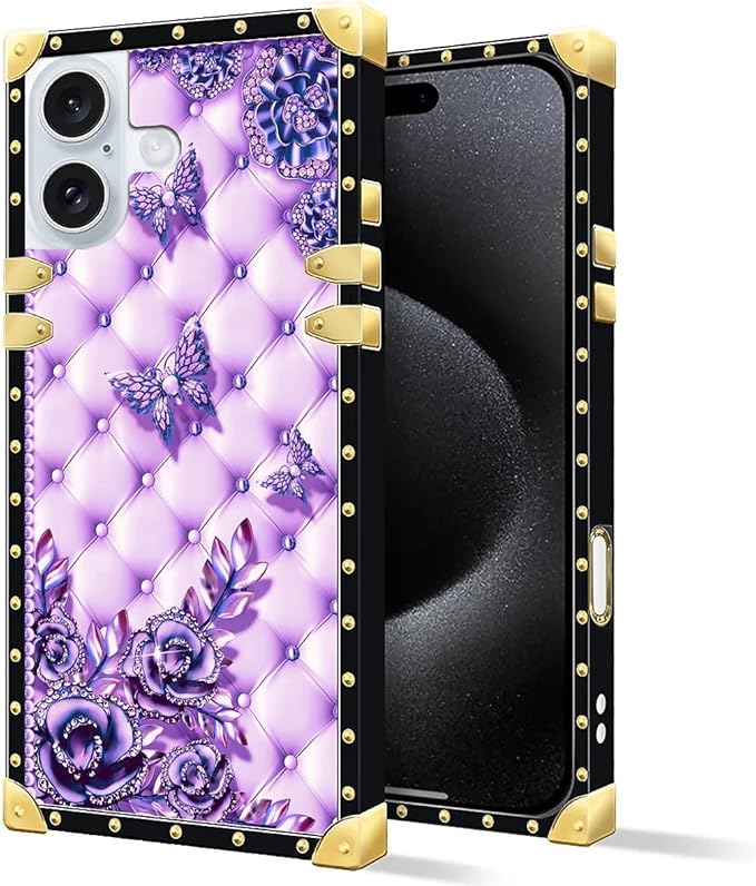 Compatible with iPhone 16 Plus Case, Purple Butterfly Flowers Leaf Luxury Golden Decoration for Girl Women Soft TPU Shockproof Protective Hard PC Back