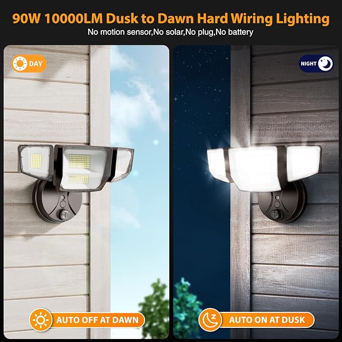 Onforu 90W Dusk to Dawn Outdoor Lighting,10000lm Flood Lights Outdoor,IP66 Waterproof Brown LED Security Light with Photocell,6500k Daylight 4 Heads Exterior Light Fixture for Yard,Patio,Garden