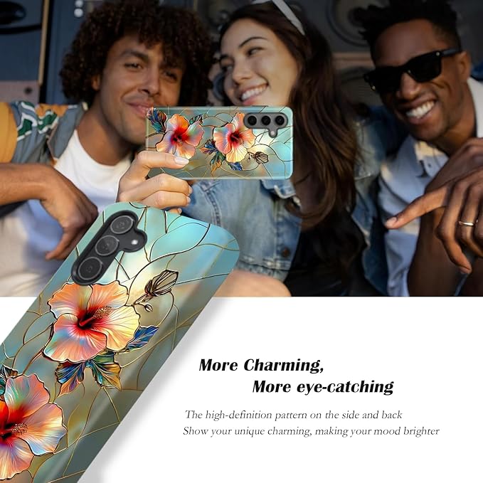 Compatible for Samsung Galaxy S25 FE 5G Case, Dual Layer Heavy Duty 2 in 1 Shockproof Protective Phone Case,Stained Glass Floral Hibiscus